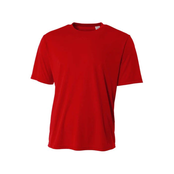 Adult sprint performance tee, red, crew neck, short sleeves.