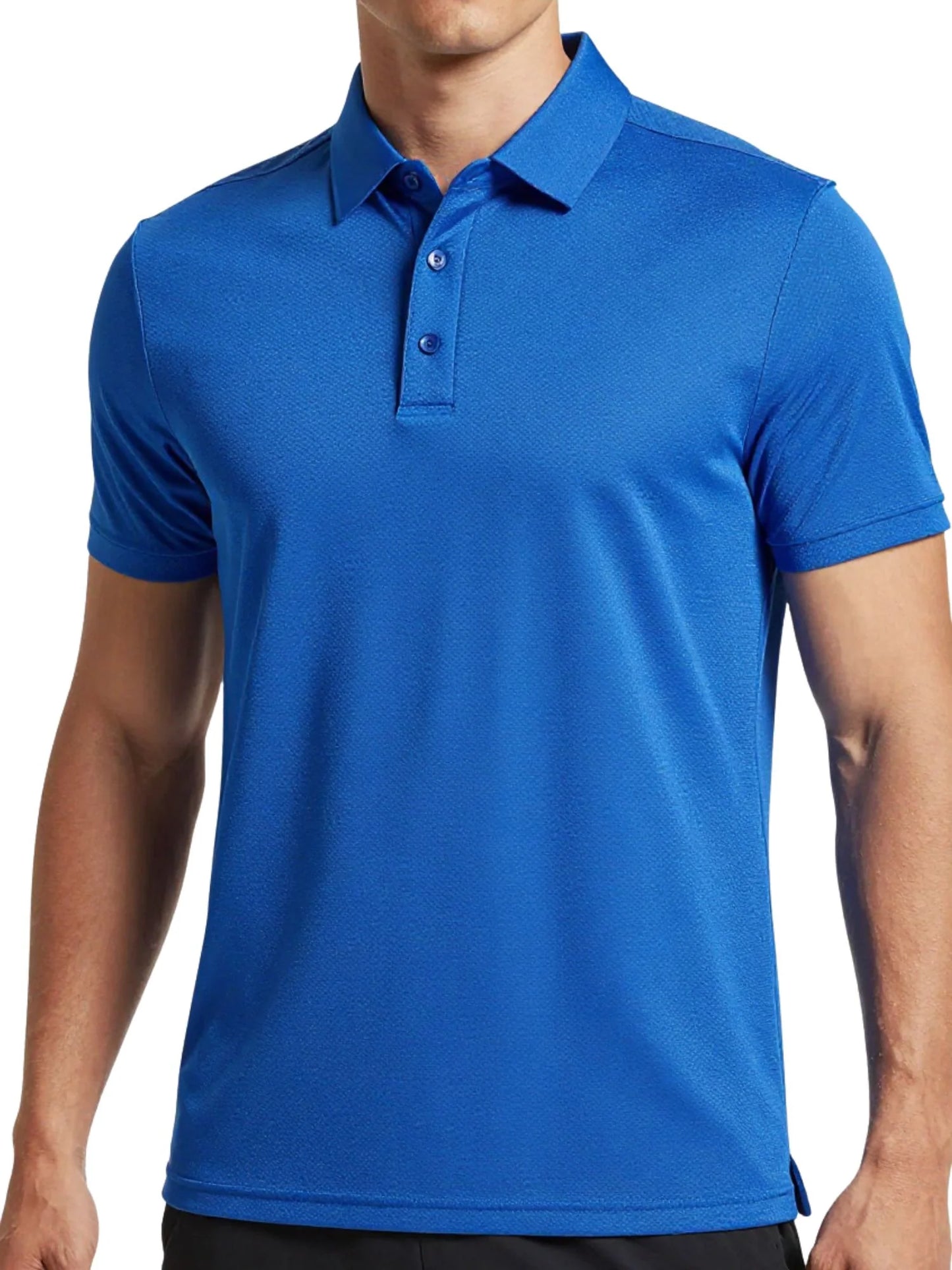 Royal blue performance mesh polo with button placket and short sleeves
