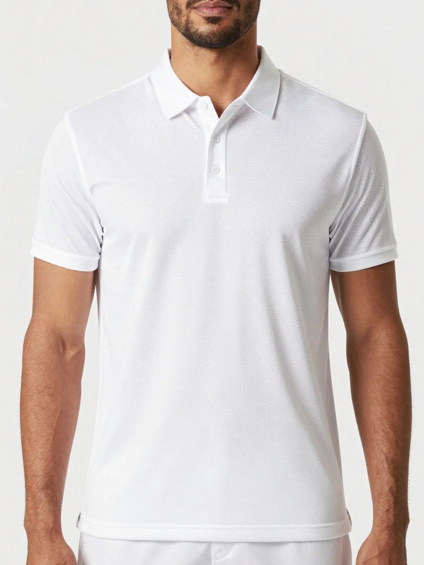 White performance mesh polo with button placket and short sleeves
