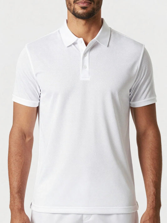 White performance mesh polo with button placket and short sleeves